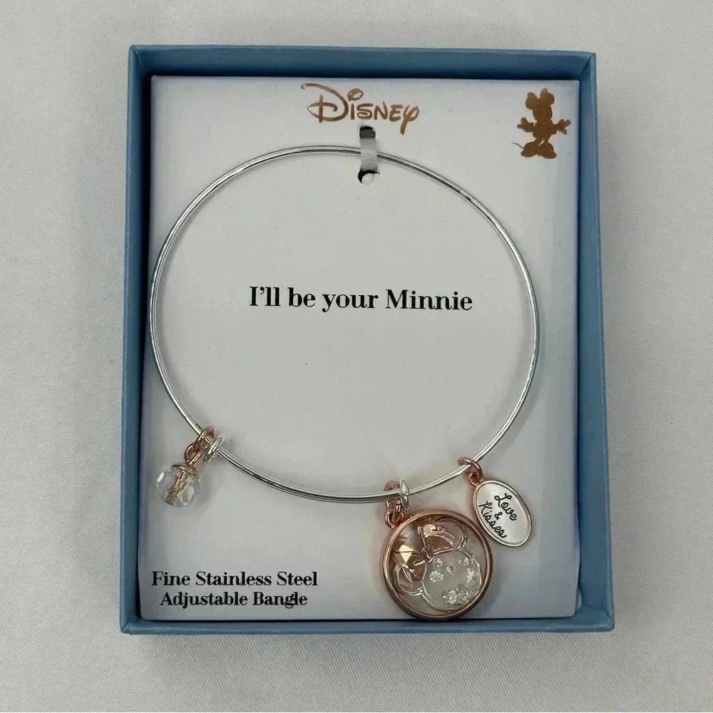 Disney Bangle Bracelet Women OS Silver Rose Gold Minnie Mouse Charms New Box